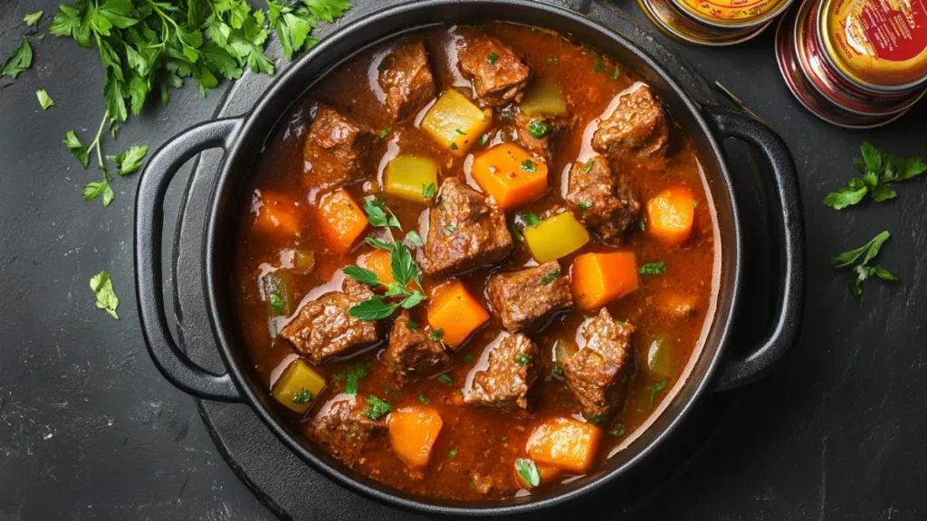 Homemade beef stew with fresh herbs and vegetables in a pot.