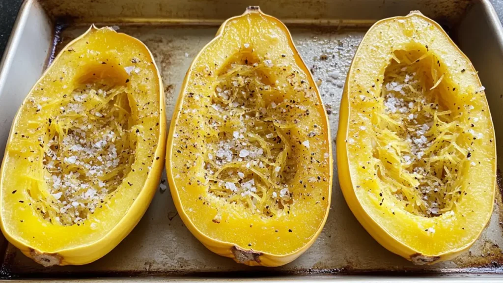 Raw spaghetti squash seeds prepared on a baking tray.