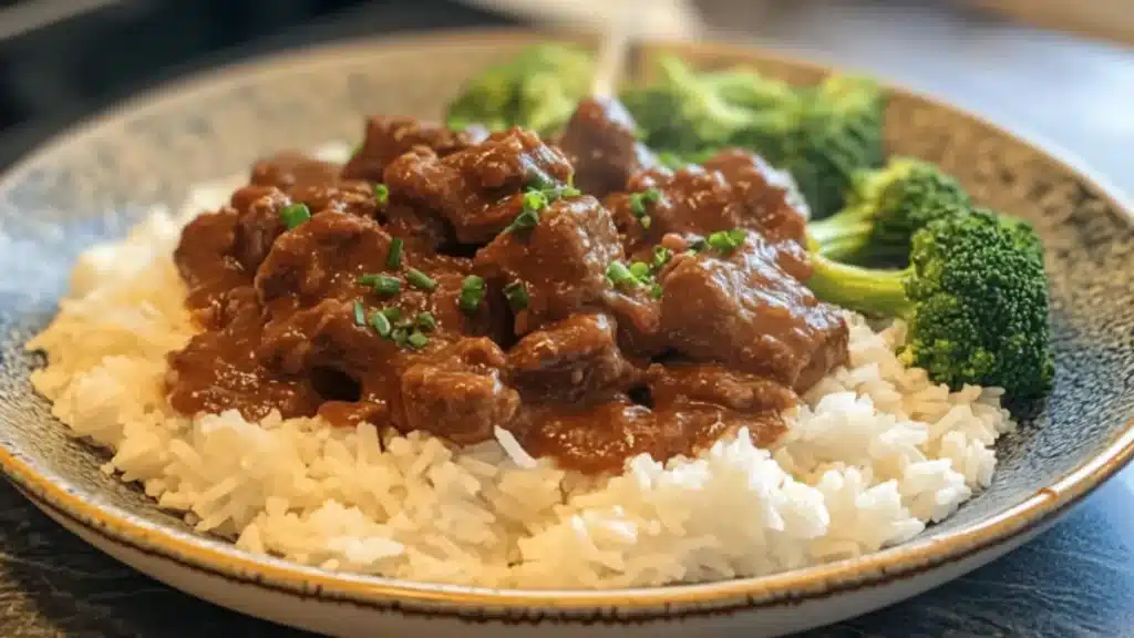 Austex Beef Stew served over rice with steamed broccoli.
