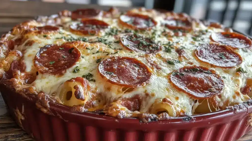 Beef pepperoni pasta bake with melted cheese and marinara sauce.