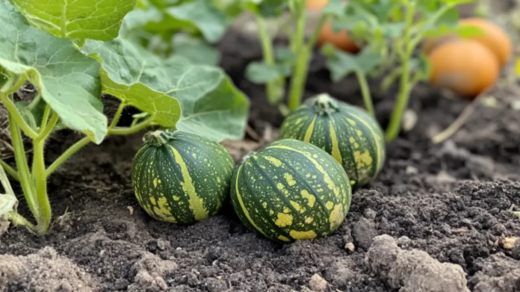 Kabocha squash seeds planted in dark soil with young sprouts emerging.