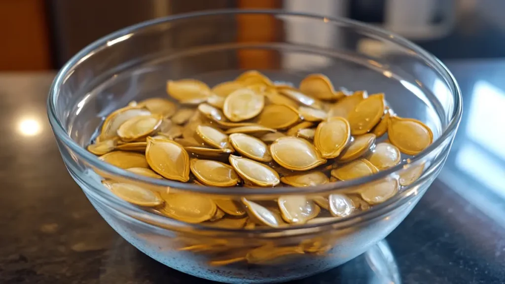 Raw kabocha squash seeds soaking in water.
