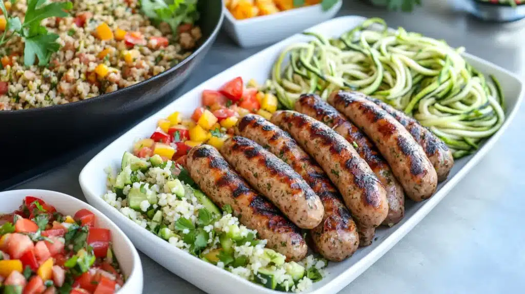 Chicken sausage served with a fresh garden salad and roasted vegetables.