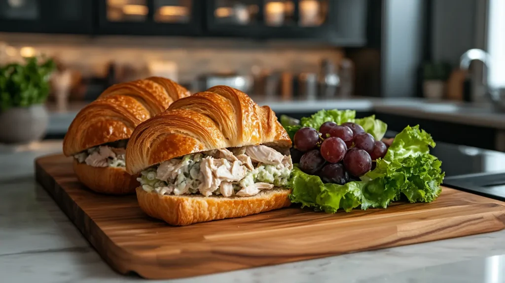 Chef assembling a Fancy Nancy Sandwich with fresh croissants and chicken salad.