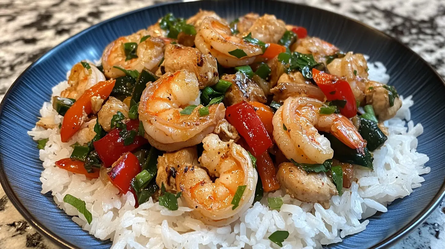 hrimp and chicken stir-fry with vegetables and rice on a plate