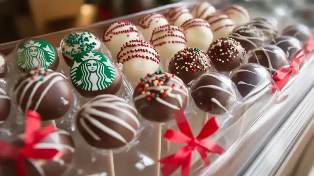 tarbucks cake pops packaged in clear wrap with a festive ribbon.