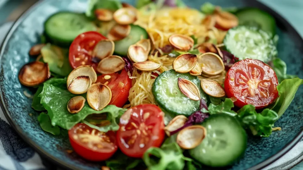 Roasted spaghetti squash seeds as a salad topping.