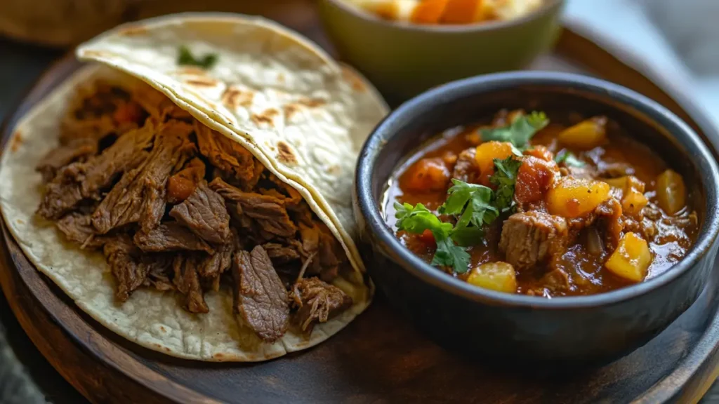 Carne asada taco and beef stew plate