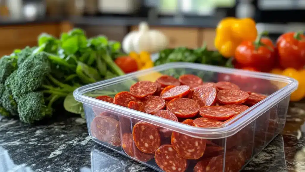 Storing beef pepperoni slices in an airtight container.