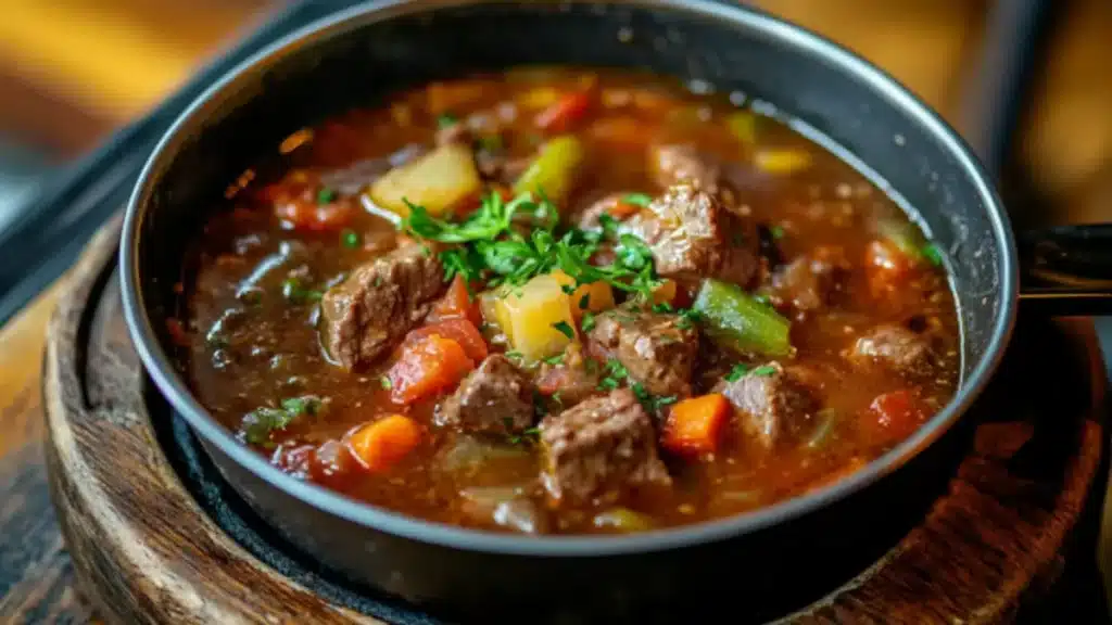 Austex Beef Stew simmering in a saucepan with vegetables.