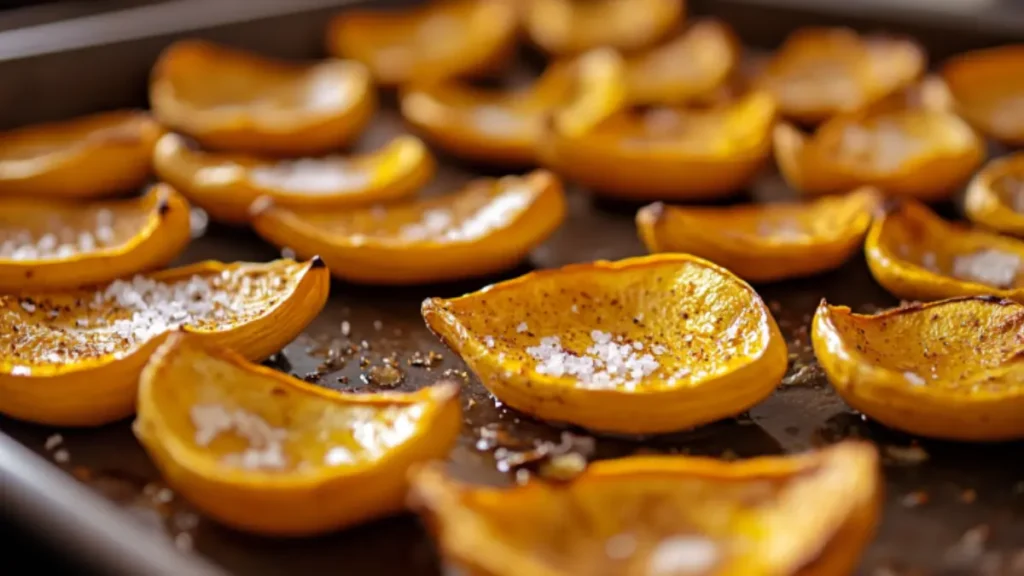Roasted kabocha squash seeds with salt and spices on a baking tray.