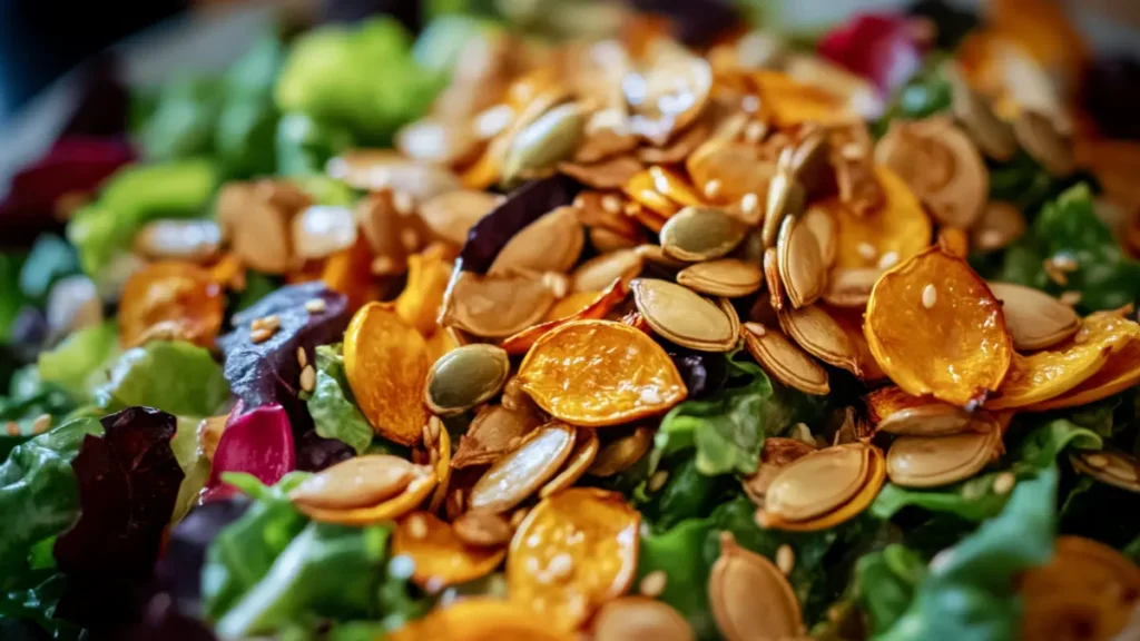 Roasted kabocha squash seeds on a salad.