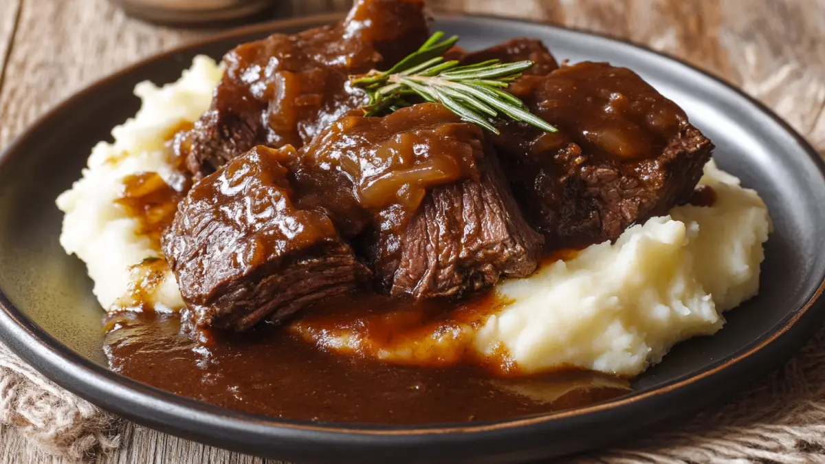 Slow-cooked beef cheek meat with mashed potatoes and sauce.