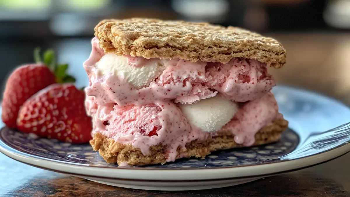 Strawberry Ice Cream Sandwich on a Plate