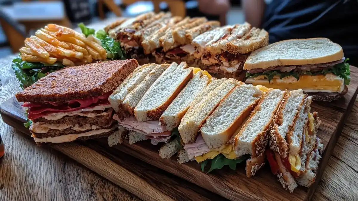 Delicious gluten free sandwiches with fresh ingredients on a wooden board