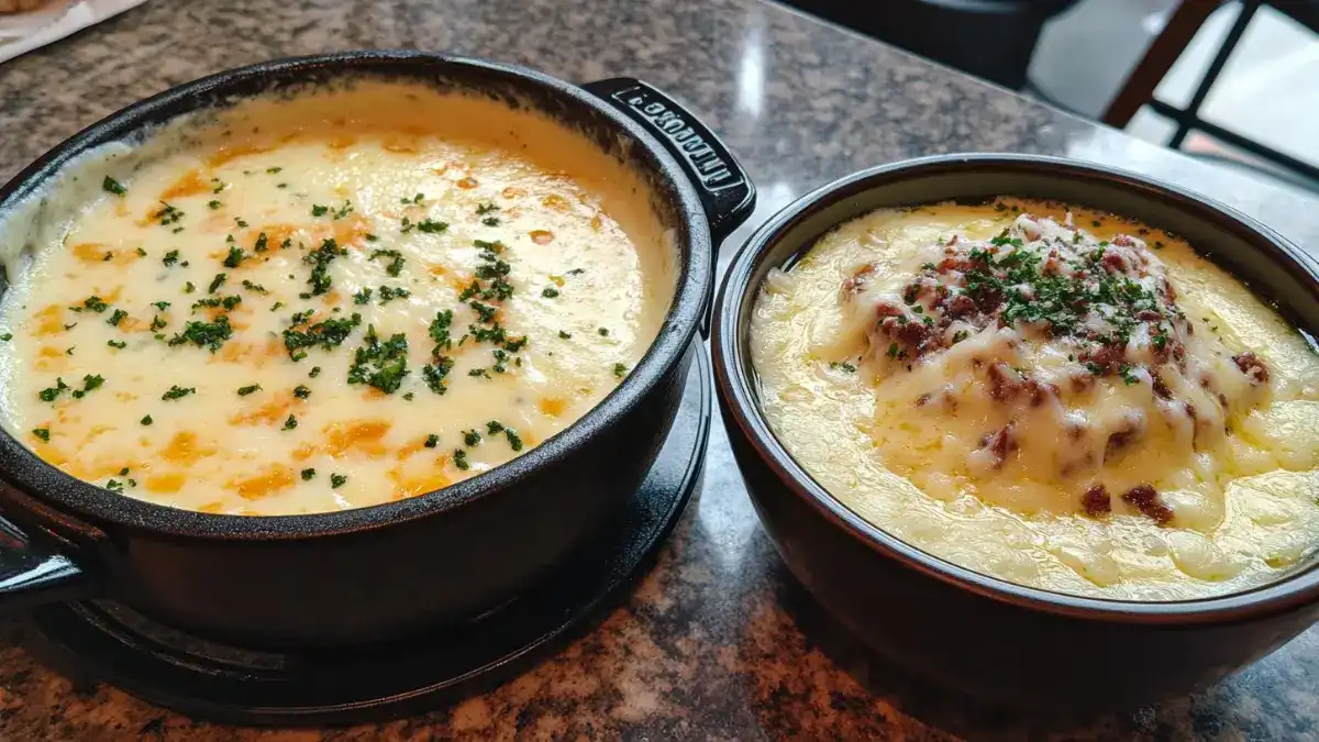 Fondue and cheese sauce side by side in a cheese pot and a bowl.