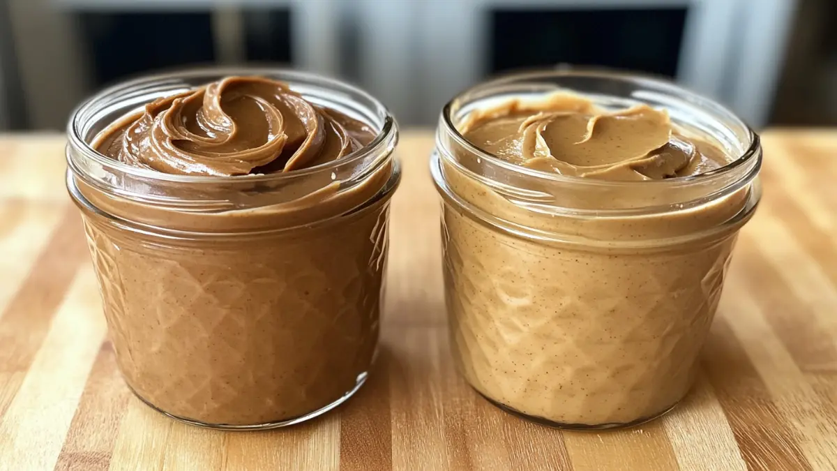 Organic peanut butter vs. regular peanut butter comparison on a wooden counter.