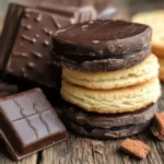 Biscuits and chocolates on a rustic wooden table.