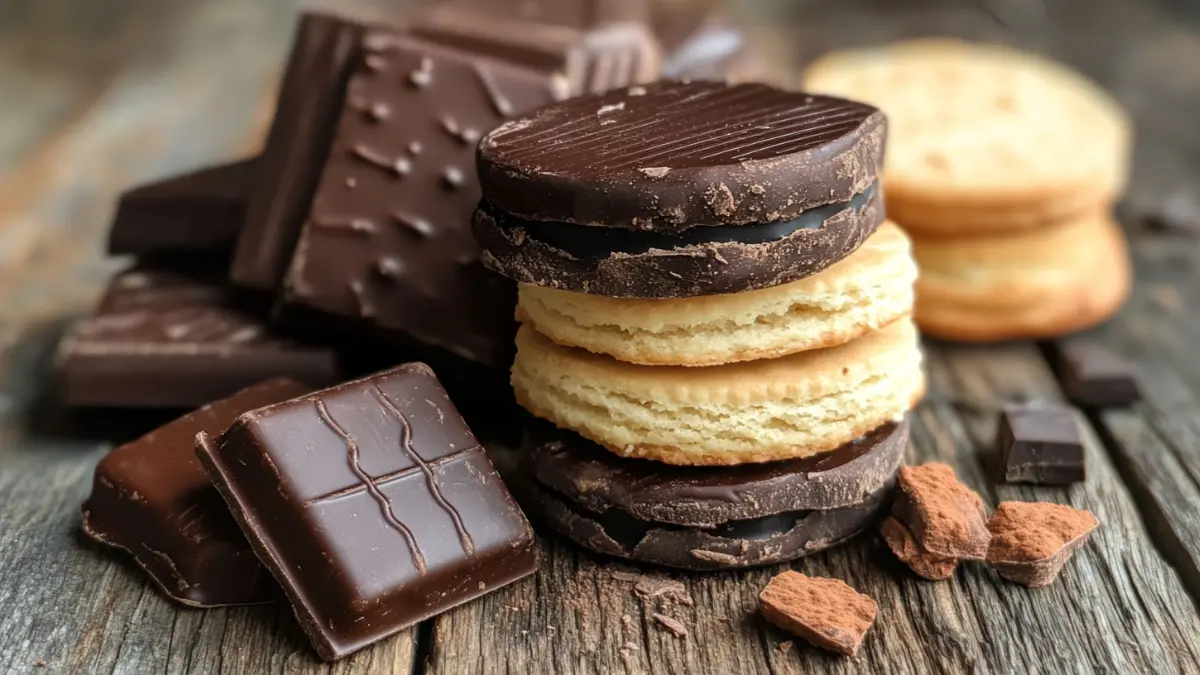 Biscuits and chocolates on a rustic wooden table.