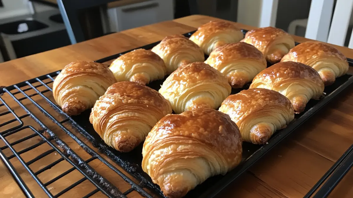 Freshly baked mini croissants on a rustic wooden table.