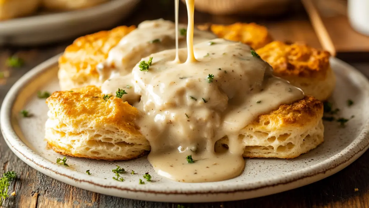 Chicken biscuits and gravy on a rustic white plate with creamy gravy