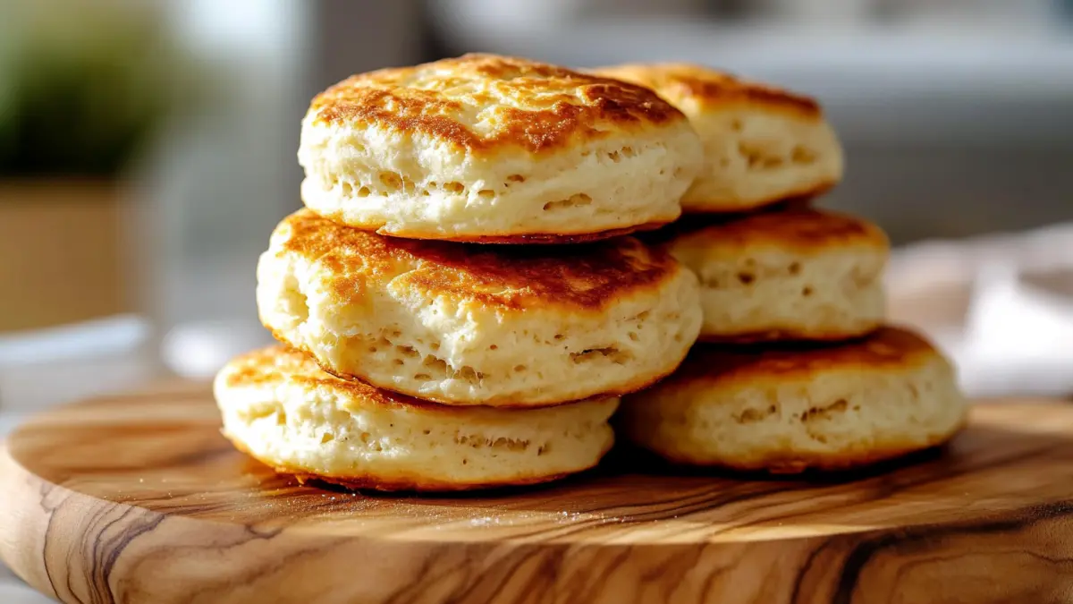 Pancake mix biscuits on a wooden board with golden crust