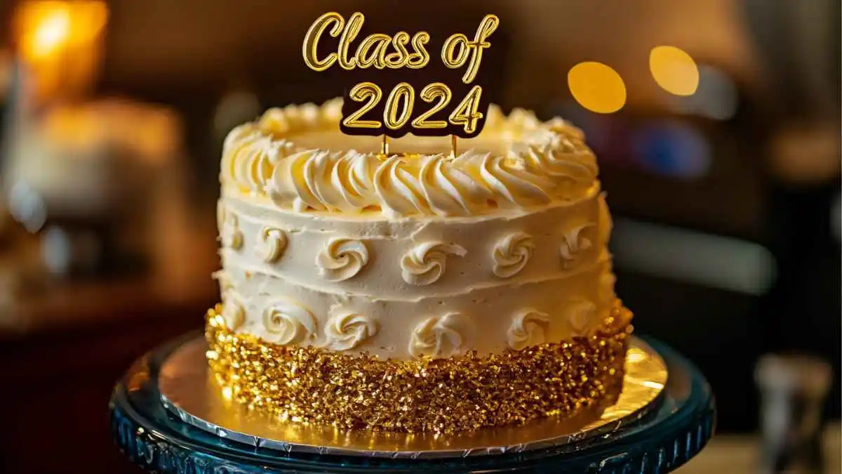 Graduation Cakes with gold decorations and Class of 2024 topper