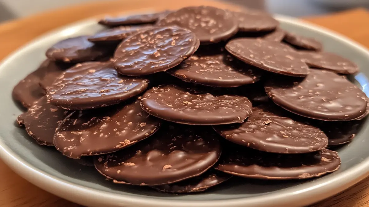 Caramel chocolate pieces stacked on a wooden board.