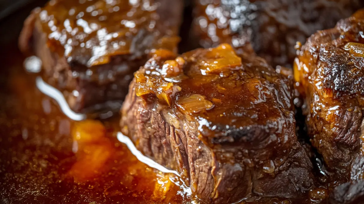 Braised beef cheeks with rich sauce served on a plate