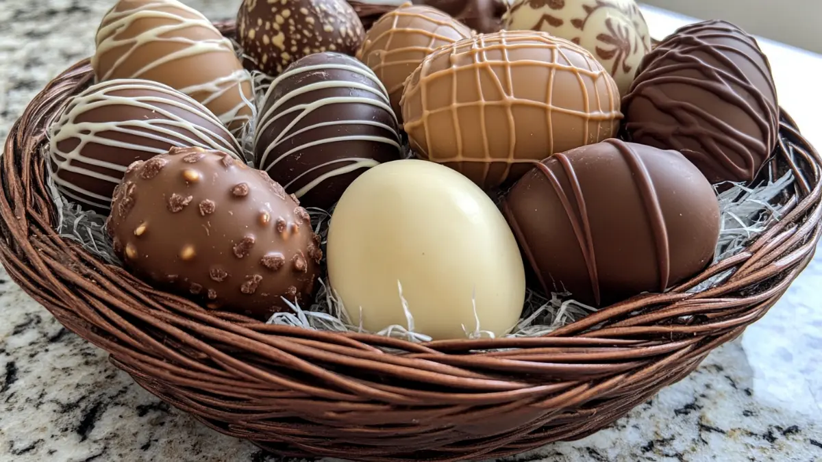 Chocolate eggs in an Easter basket with different fillings and textures.