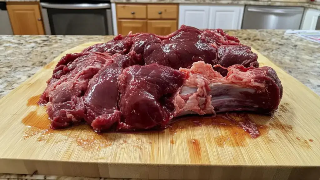 Raw beef cheek meat on a butcher’s board, ready for cooking.