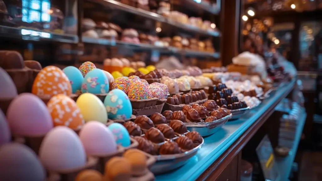 Vintage chocolate shop selling handmade chocolate eggs.