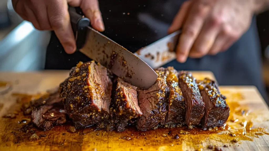 Beef cheek meat being trimmed and prepared for slow cooking.