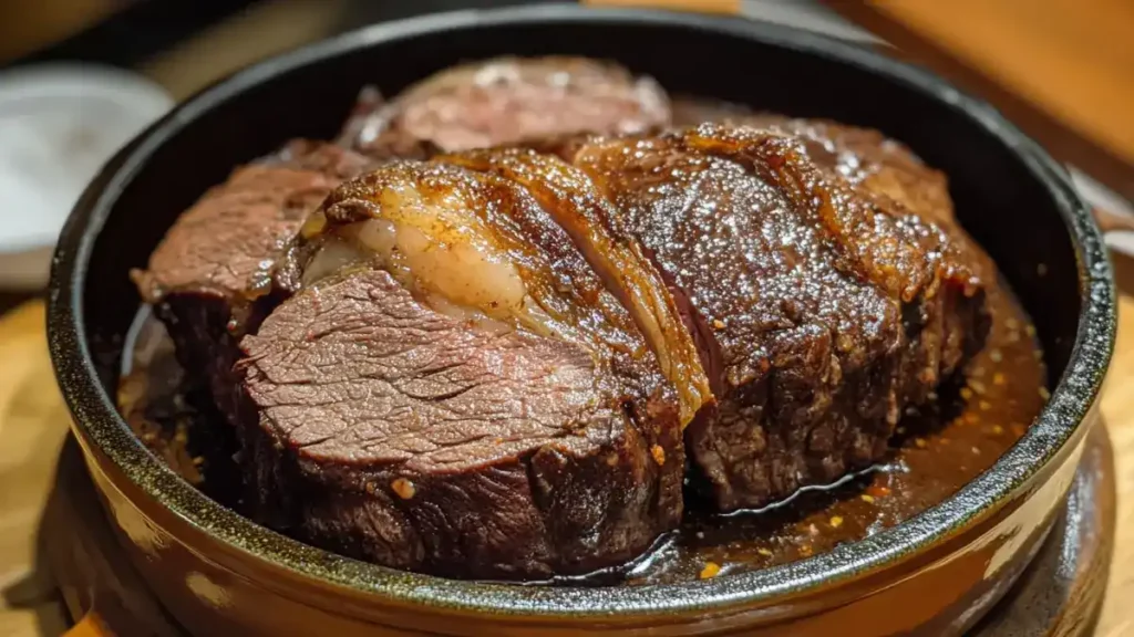 Beef cheek meat braised in red wine, served in a rustic dish.