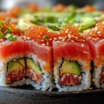 Sushi Cake with Spicy Tuna and Avocado – A creative sushi cake variation with bold flavors.