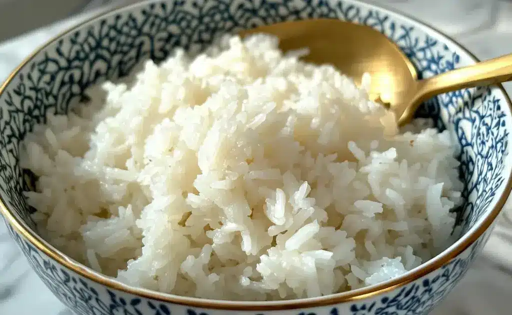 Fluffy rice in a bowl with a golden spoon