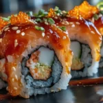 Volcano Roll Sushi with creamy spicy lava topping