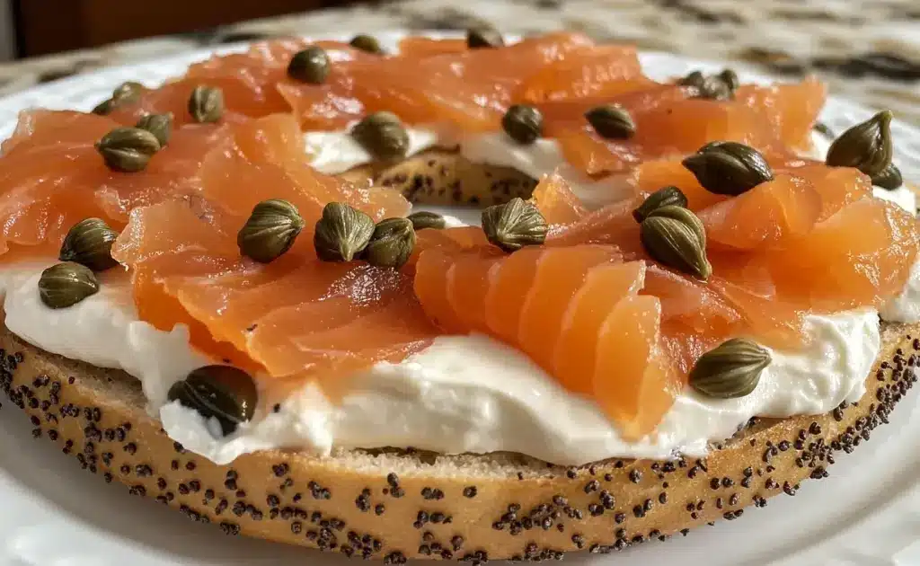 Fresh bagel with cream cheese and smoked salmon on a plate