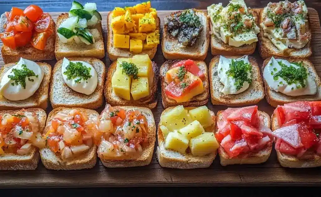 Assorted mini toast recipe ideas with sweet and savory toppings