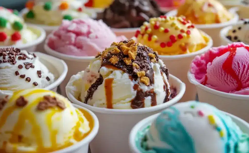 Colorful ice cream cups filled with different ice cream flavors, topped with sprinkles, fruits, and chocolate syrup.