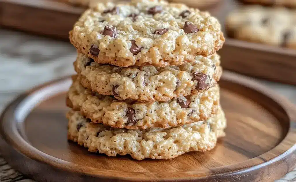 Freshly baked Rice Krispie Chocolate Chip Cookies stacked on a wooden plate, showing crispy texture and melty chocolate chips.