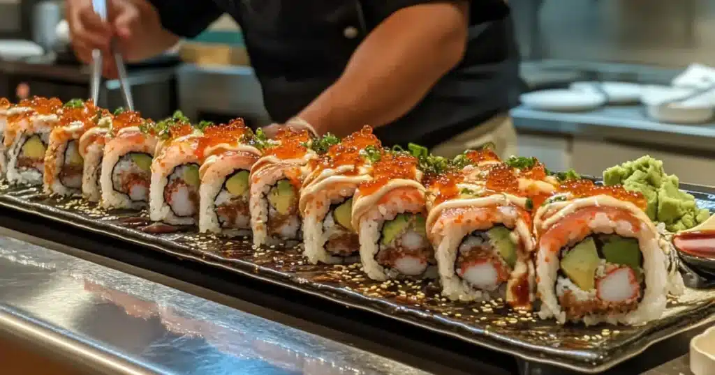 Sushi chef making a Volcano Roll Sushi at a sushi bar