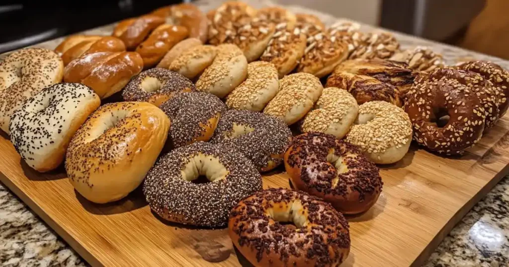 Assorted bagels including plain, sesame, and everything bagels