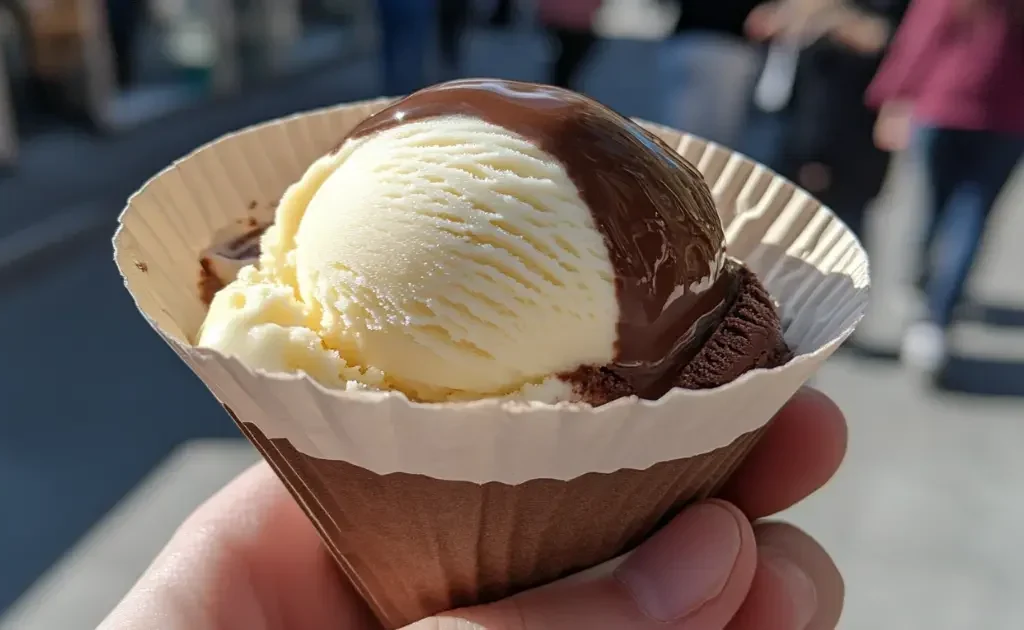 A hand holding a paper ice cream cup with scoops of chocolate and vanilla ice cream, showing a perfect serving size.