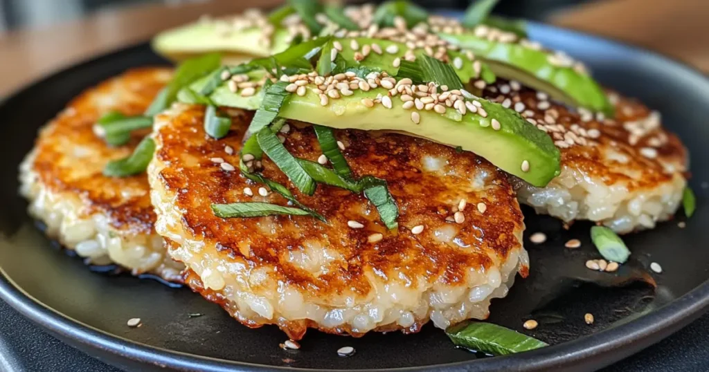 Crispy pan-fried rice cakes topped with avocado