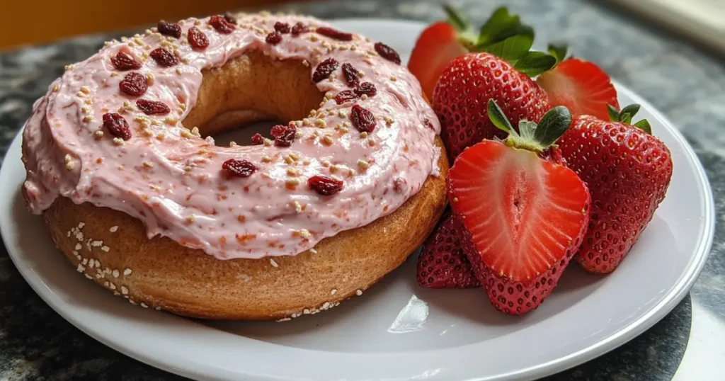 Bagel with cream cheese and fresh strawberries on a plate