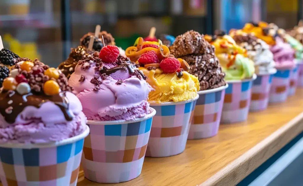 DIY ice cream sundae bar setup with different ice cream cups filled with toppings like chocolate chips, fruit, and caramel sauce.
