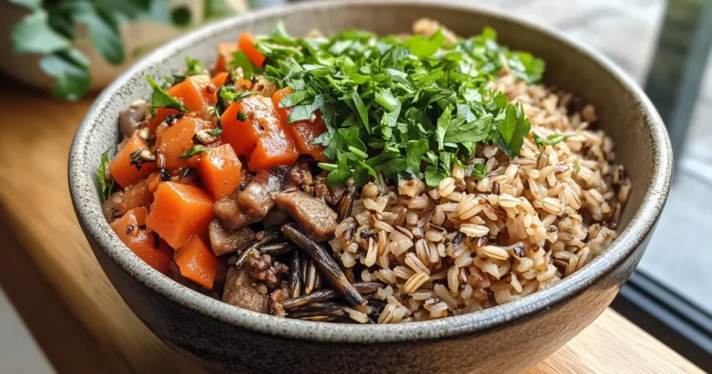 Brown rice and wild rice in a bowl with fresh herbs