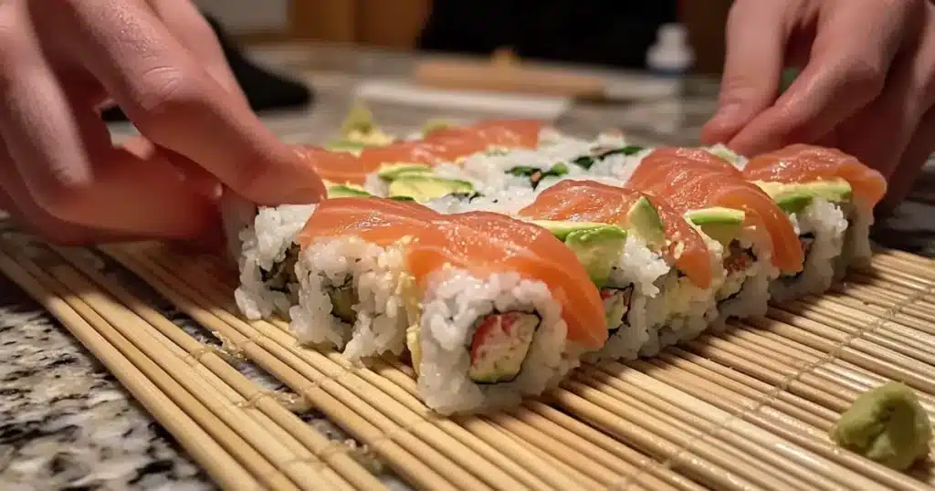 Hands rolling a Volcano Roll Sushi using a bamboo mat