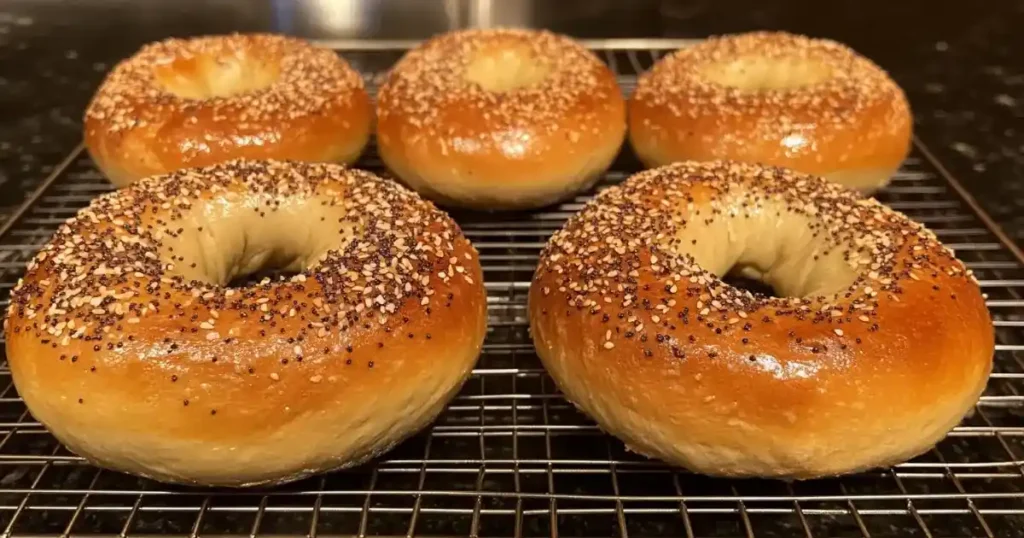 Freshly baked homemade bagels cooling on a wire rack